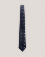 Navy blue silk tie with red, gray and white jacquard 