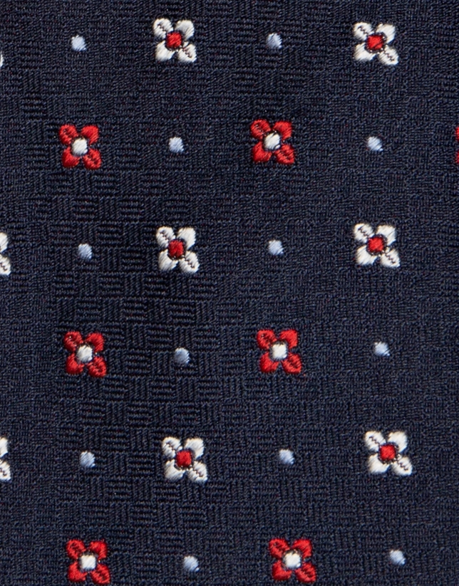 Corbata de seda marino jacquard rojo, gris y blanco