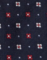 Navy blue silk tie with red, gray and white jacquard 