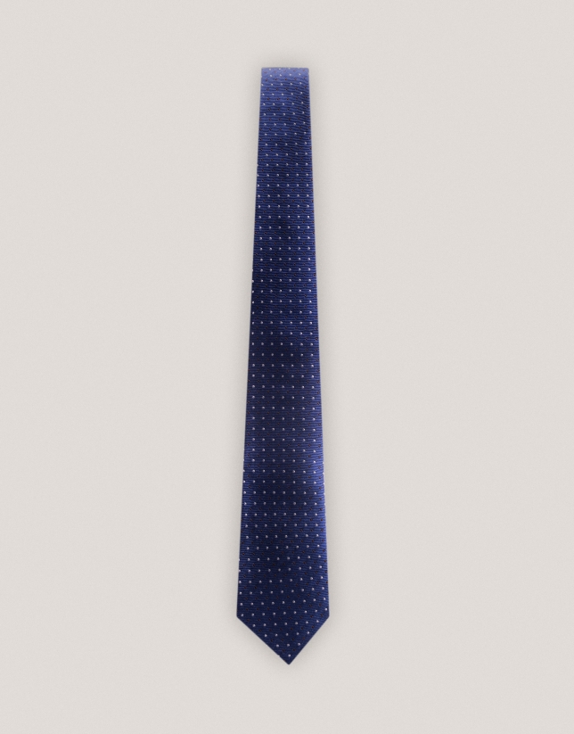 Blue silk tie with brown and silver polka dots