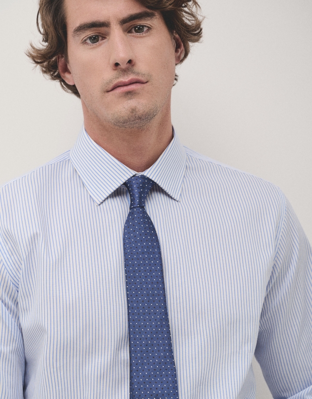 Blue silk tie with brown and silver polka dots