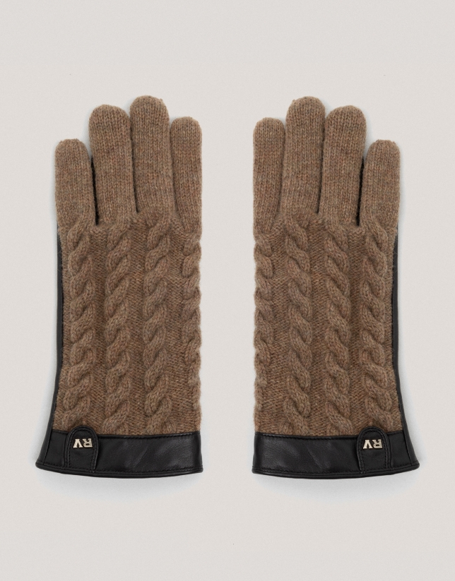 Beige leather and braided wool gloves