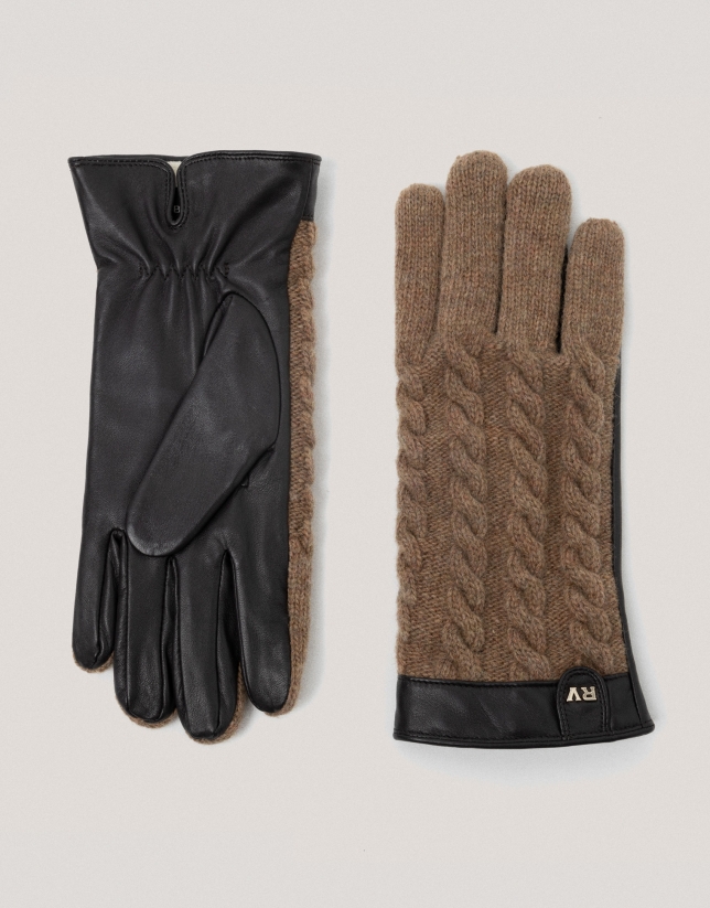 Beige leather and braided wool gloves