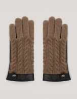 Beige leather and braided wool gloves