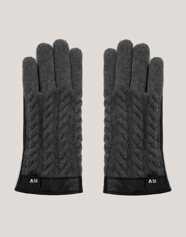 Guantes piel y lana trenzados gris