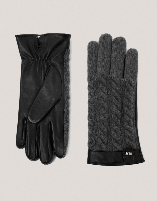 Guantes piel y lana trenzados gris