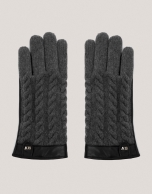 Gray leather and braided wool gloves