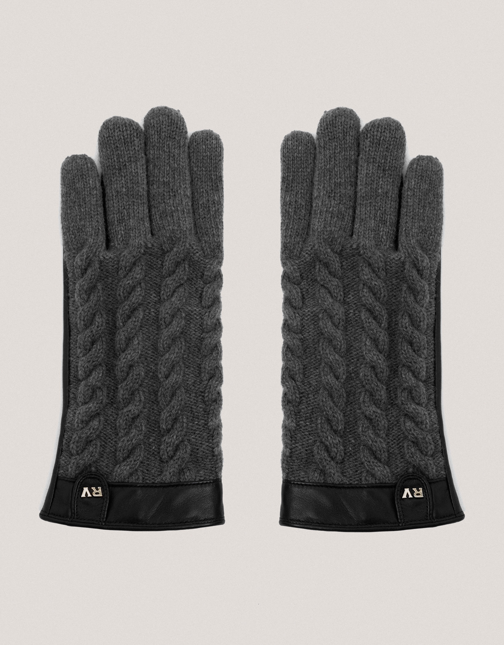 Gray leather and braided wool gloves