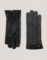 Gray leather and braided wool gloves