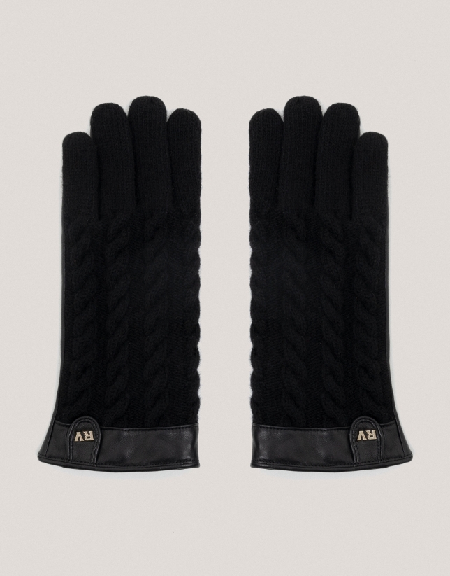 Black leather and braided wool gloves