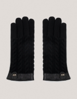 Black leather and braided wool gloves