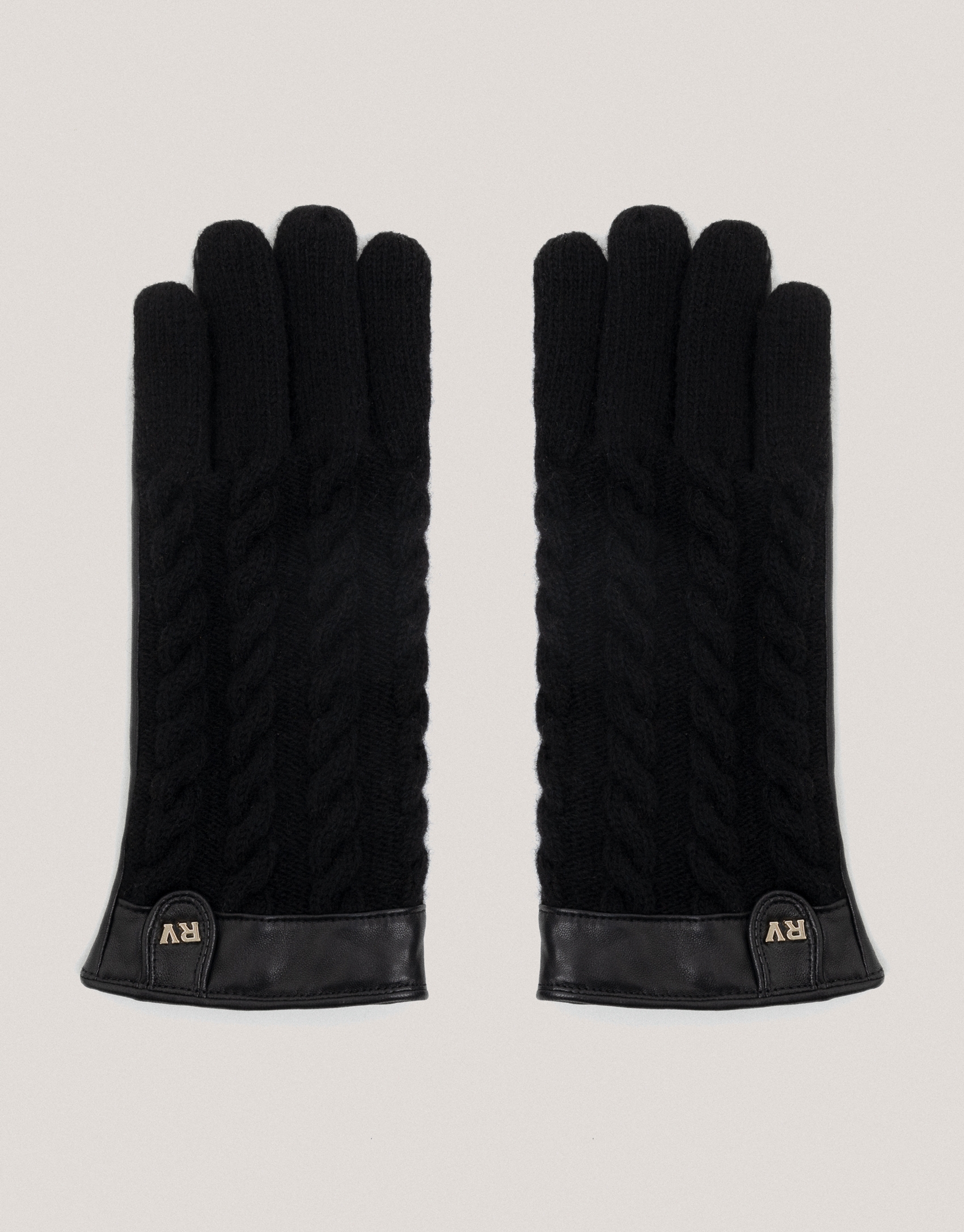 Black leather and braided wool gloves