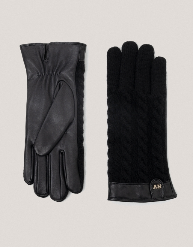 Guantes piel y lana trenzados negro