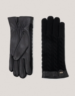 Black leather and braided wool gloves