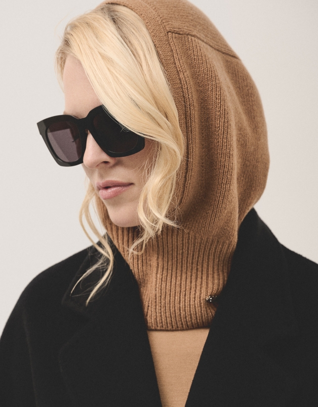 Beige wool and cashmere ski mask type cap