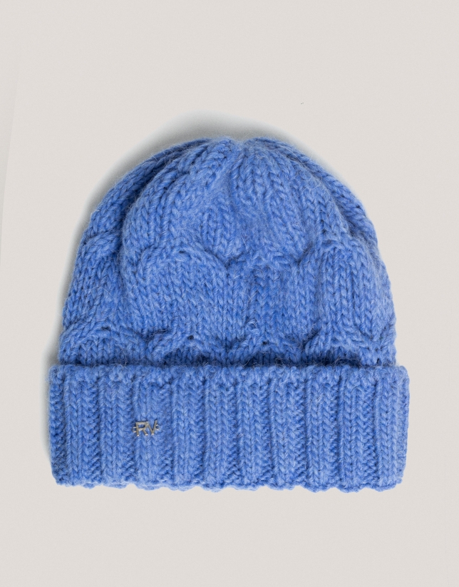 Gorro lana y alpaca punto trenzado azul