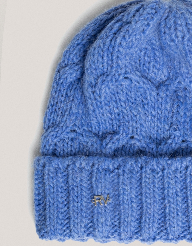 Gorro lana y alpaca punto trenzado azul