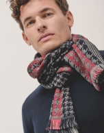 Blue and red houndstooth scarf with gray touches