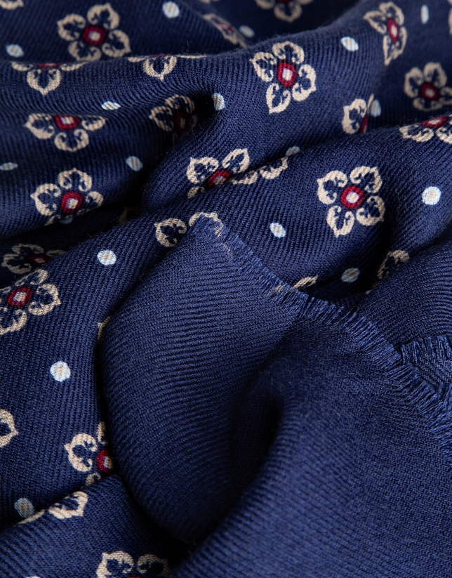 Navy wool scarf with white flowers