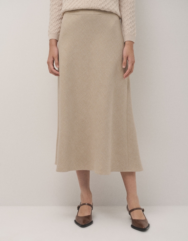 Beige double crepe evasé midi skirt