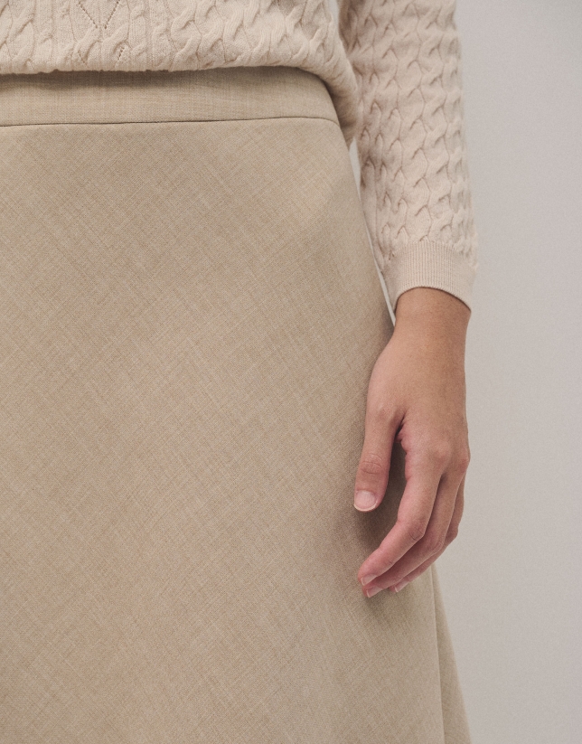 Beige double crepe evasé midi skirt