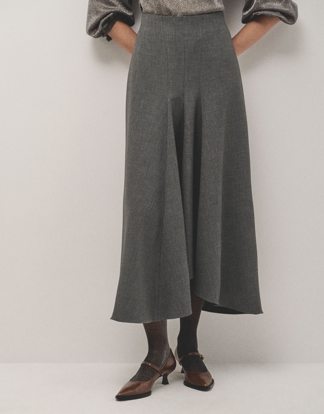 Gray double crepe midi skirt with flounce in the front