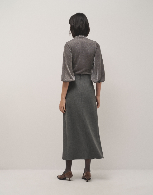 Gray double crepe midi skirt with flounce in the front