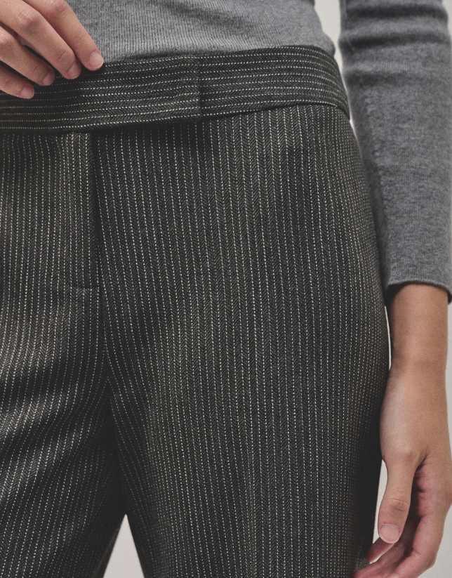 Gray tailored herringbone pants with pinstripes