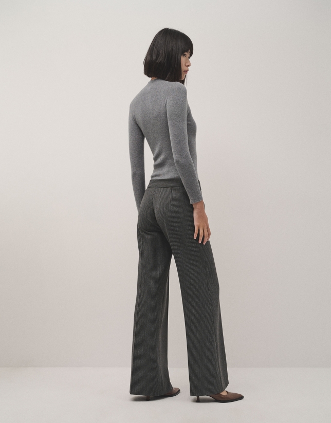 Gray tailored herringbone pants with pinstripes