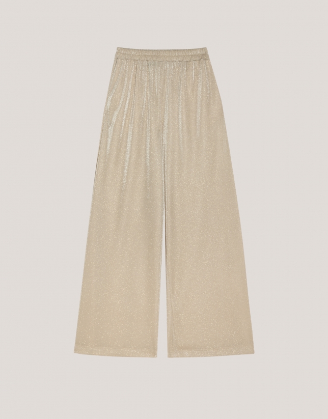 Pantalón ancho en punto brillo beige