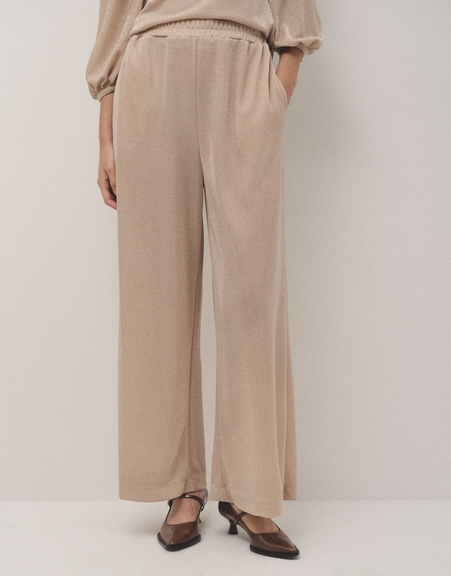 Beige wide pants with shiny knit