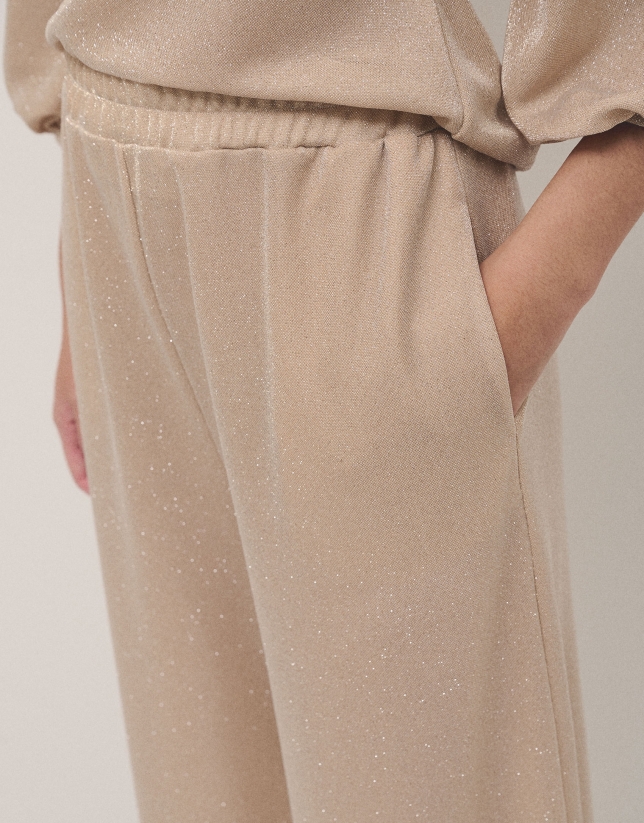 Beige wide pants with shiny knit