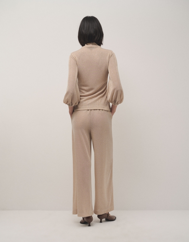 Beige wide pants with shiny knit