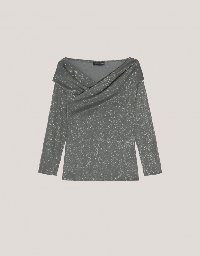 Shiny gray knit top with crossover neckline