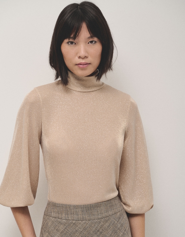 Shiny beige knit top with high collar