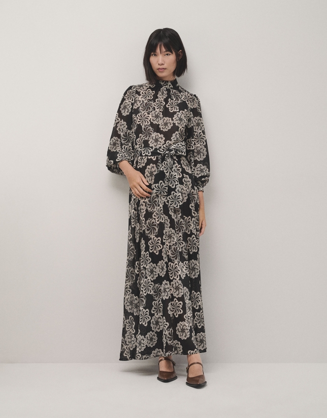 Black crepe georgette  long-sleeved dress with floral print 