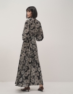 Black crepe georgette  long-sleeved dress with floral print 