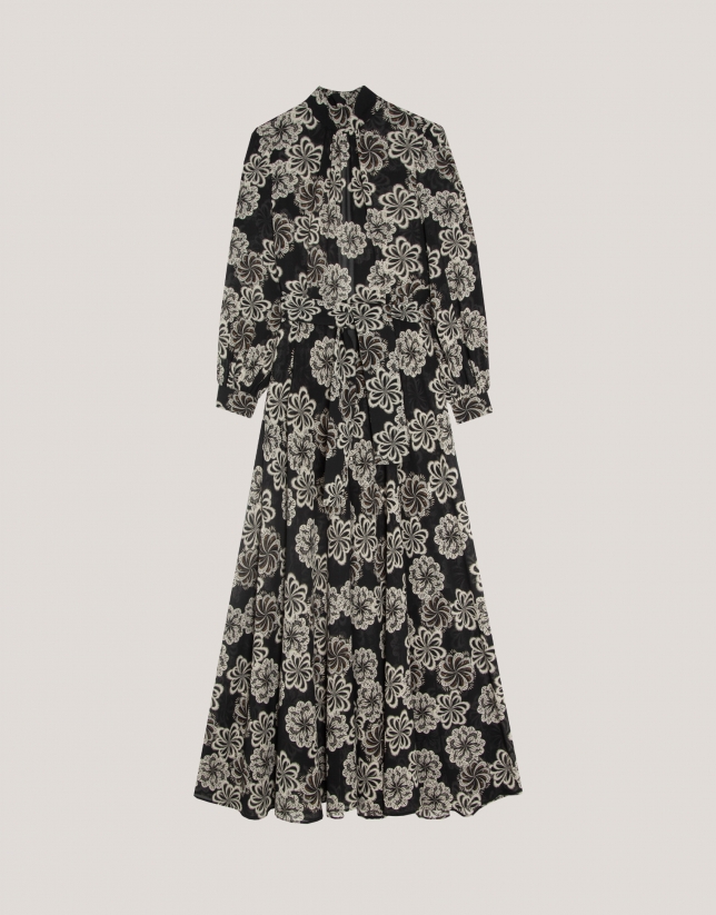 Black crepe georgette  long-sleeved dress with floral print 