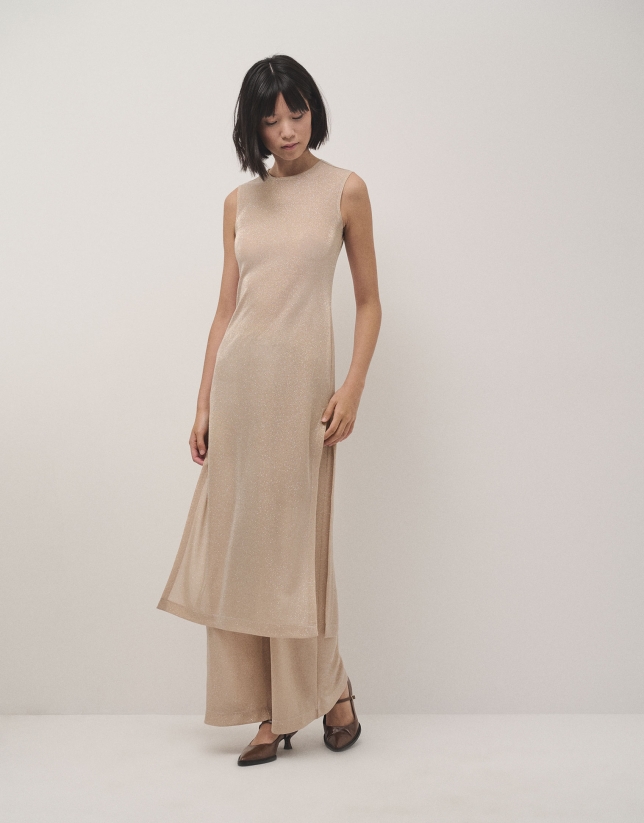 Beige shiny knit long sleeveless dress