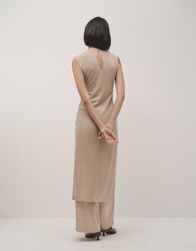 Beige shiny knit long sleeveless dress