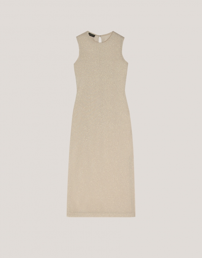 Beige shiny knit long sleeveless dress