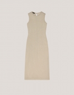 Beige shiny knit long sleeveless dress