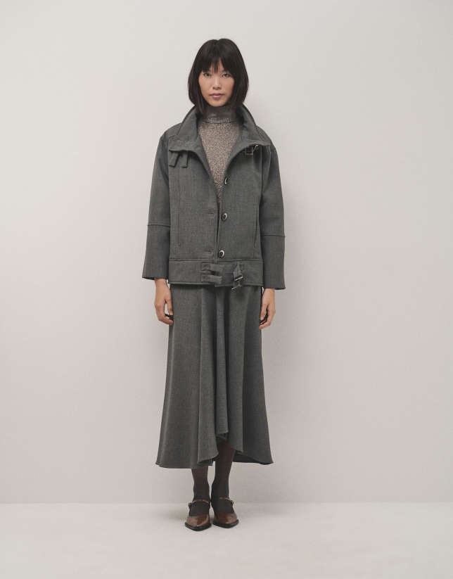 Gray double crepe jacket with belt loops 