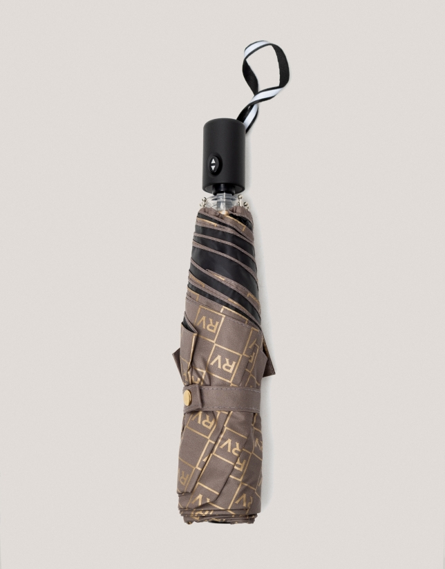 Taupe automatic folding umbrella with RV logos 