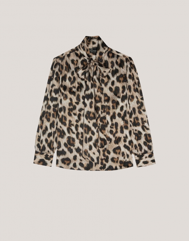 Brown animal print blouse with bow