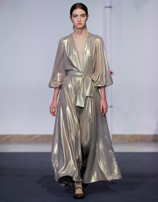 Gilded lamé midi dress with long sleeves