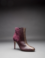 Burgundy leather Gante ankle boots with embossed snake, old gold strip and suede