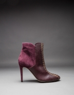 Burgundy leather Gante ankle boots with embossed snake, old gold strip and suede