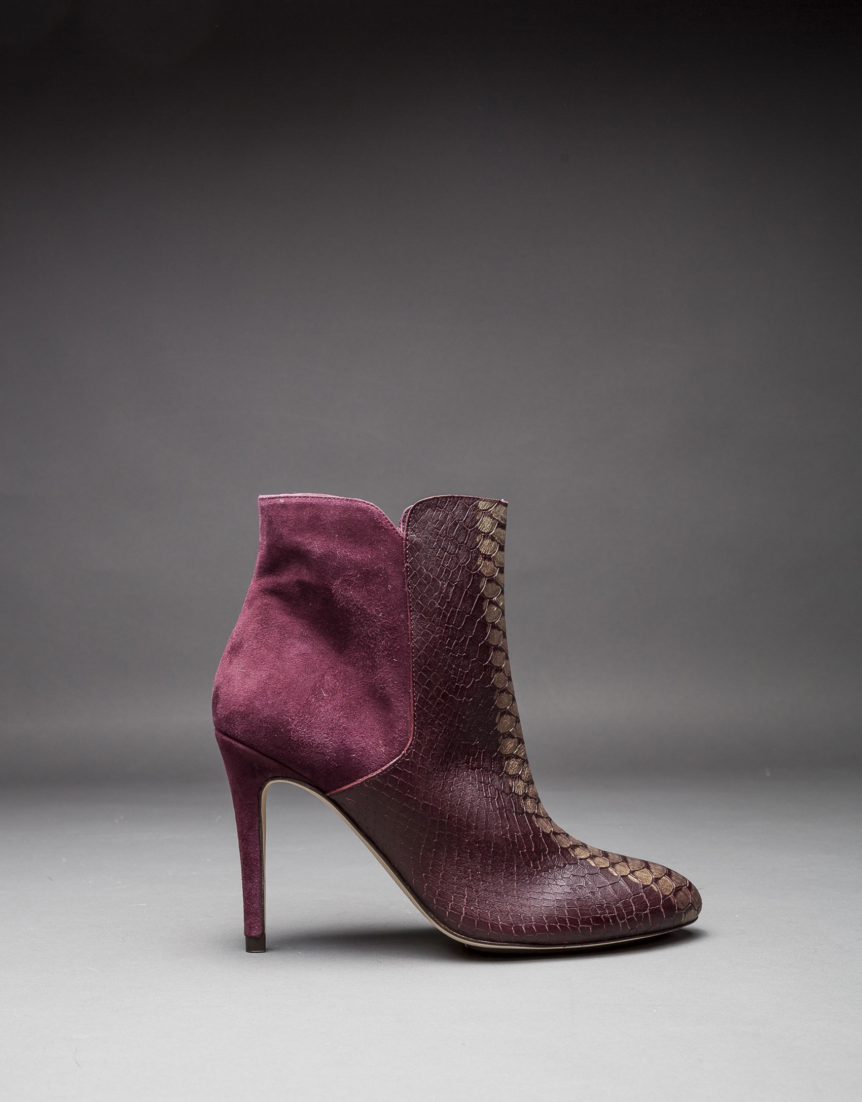 Burgundy leather Gante ankle boots with embossed snake old gold strip and suede Roberto Verino